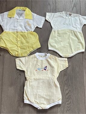 Vintage Bundle of 3 Yellow Plastic Bottom Lined Embroidered Baby Rompers